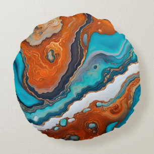 Turquoise blue, rust and gold paint abstract round pillow