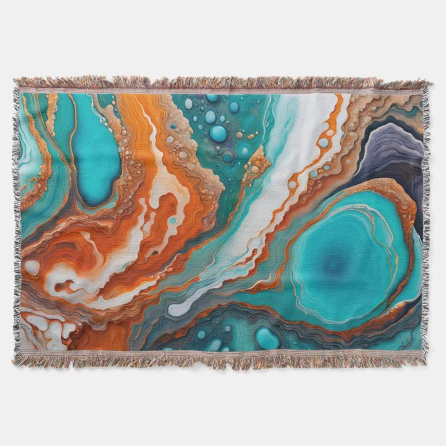 Turquoise blue, rust and gold paint abstract throw blanket (Front)