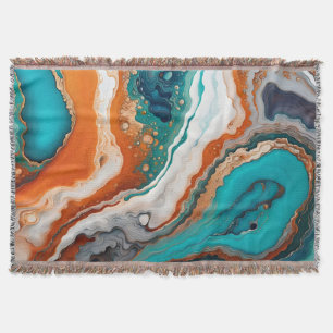 Turquoise blue, rust and gold paint abstract throw blanket