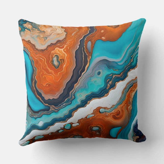 Turquoise blue, rust and gold paint abstract throw pillow (Back)