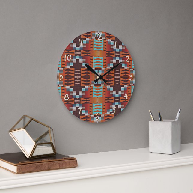 Turquoise Blue Rust Orange Red Brown Tribal Art Large Clock (Office)