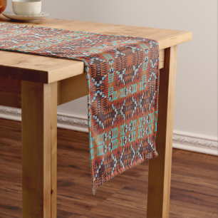 Turquoise Blue Rust Orange Red Brown Tribal Art Short Table Runner