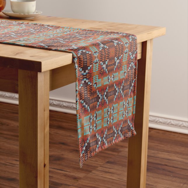 Turquoise Blue Rust Orange Red Brown Tribal Art Short Table Runner (In Situ)