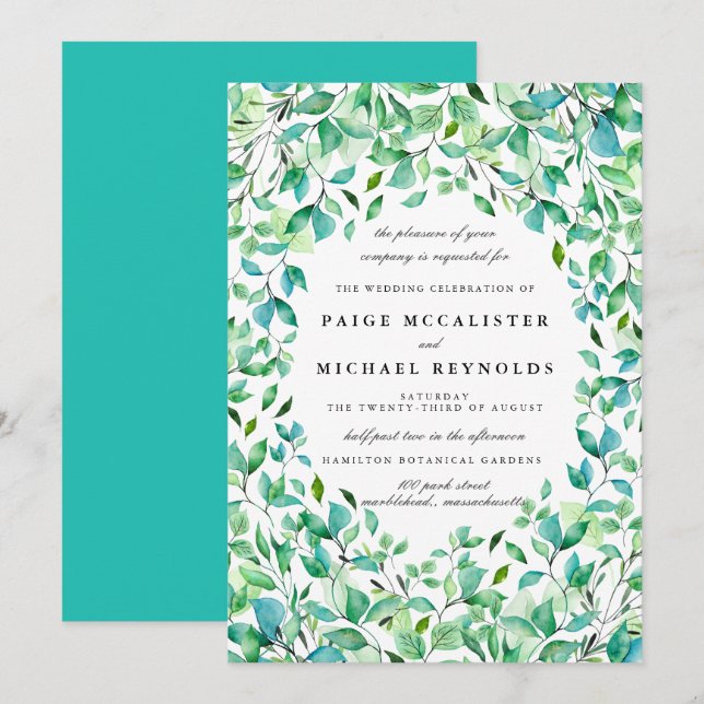 Turquoise Blue Sage Green Botanical Wedding Invitation (Front/Back)