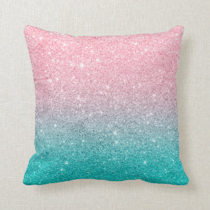 Turquoise-Blue & Salmon Pink Sparkling Glitter Throw Pillow