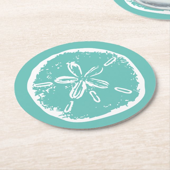 Turquoise blue sand dollar beach wedding coasters (Angled)