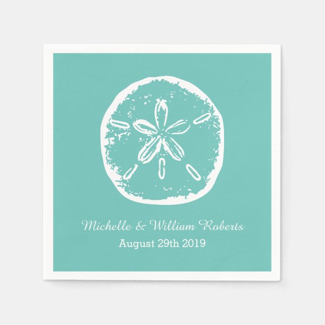 Turquoise blue Sand dollar beach wedding napkins (Front)