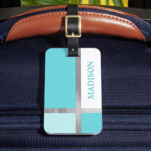 Turquoise Blue Silver Foil Stripes Colour Block Luggage Tag