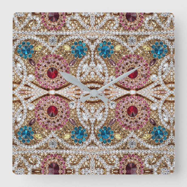 turquoise blue silver gold burgundy pink bohemian square wall clock (Front)