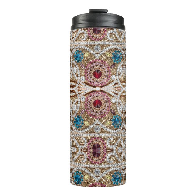 turquoise blue silver gold burgundy pink bohemian thermal tumbler (Front)