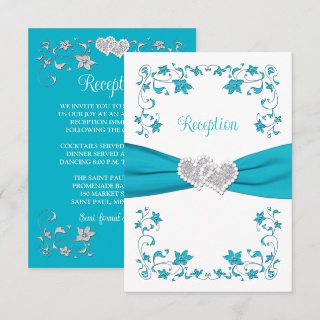 Turquoise Blue, Silver Love Hearts Reception Card (Front/Back)