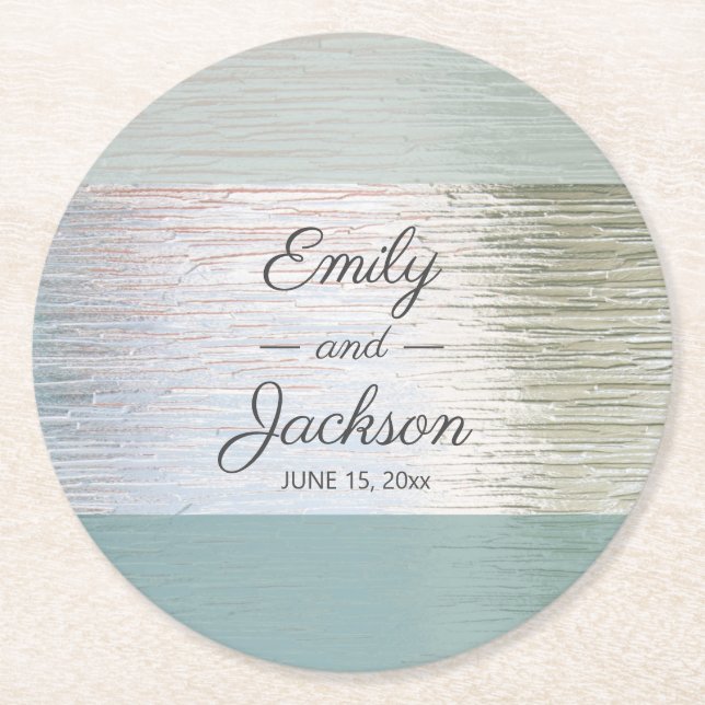 Turquoise Blue Silver Sea Glass Custom Wedding Round Paper Coaster (Front)