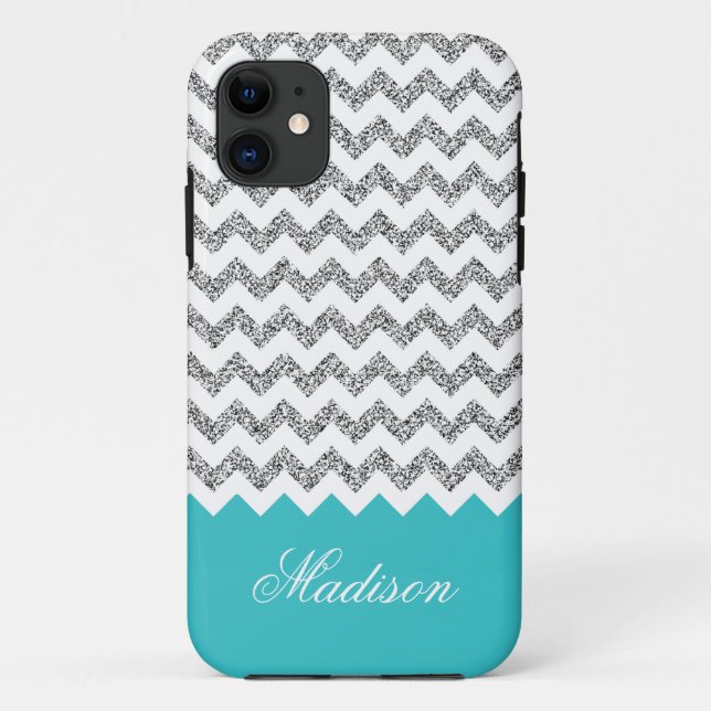 Turquoise Blue Silvery Glitter Chevron Pattern Case-Mate iPhone Case (Back)