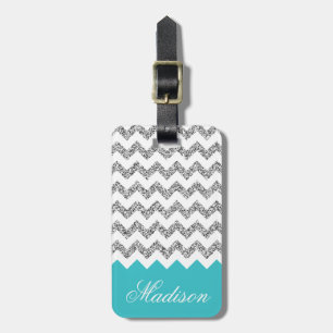 Turquoise Blue Silvery Glitter Chevron Pattern Luggage Tag