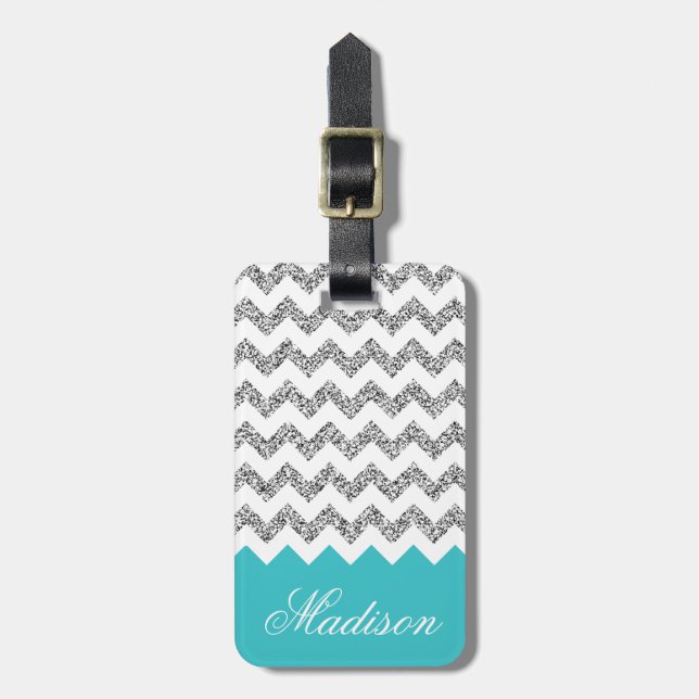 Turquoise Blue Silvery Glitter Chevron Pattern Luggage Tag (Front Vertical)