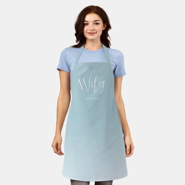 Turquoise blue simple personalized wifey apron (Worn)