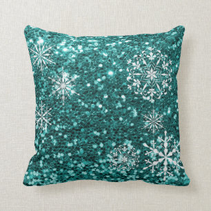 Turquoise Blue Snowflake Glitter Christmas Throw Pillow