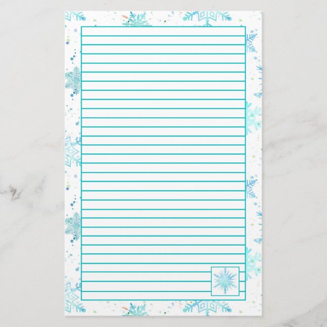 Turquoise Blue Snowflakes Lined Stationery (Front)