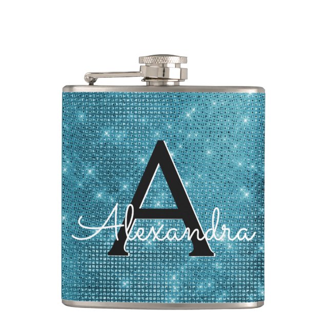 Turquoise Blue Sparkle Monogram & Initial Hip Flask (Front)