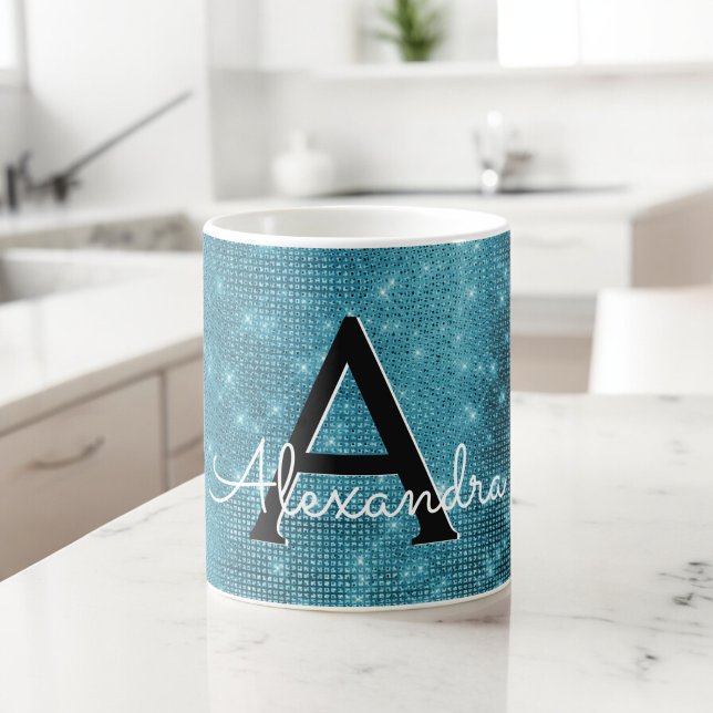 Turquoise Blue Sparkle Monogram Name & Initial Coffee Mug (Creator Uploaded)