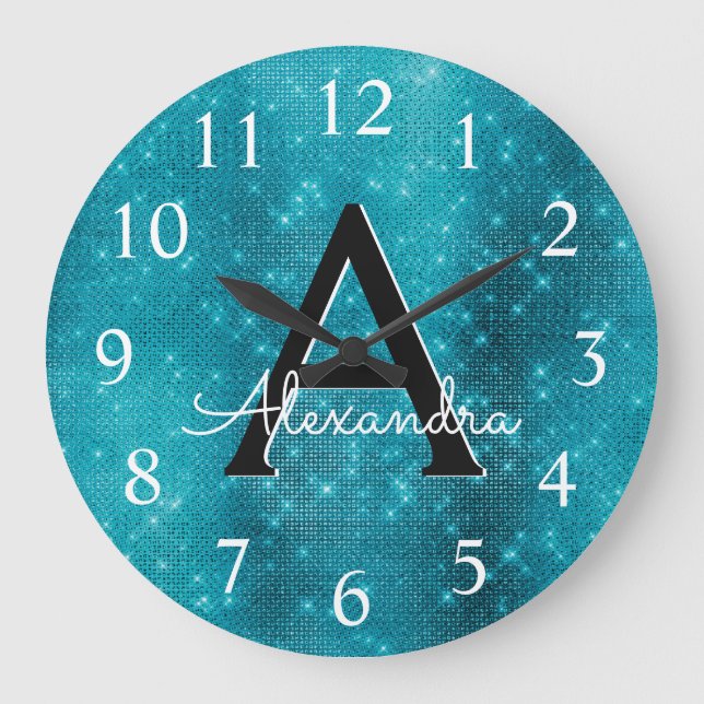 Turquoise Blue Sparkle Monogram Name & Initial Large Clock (Front)