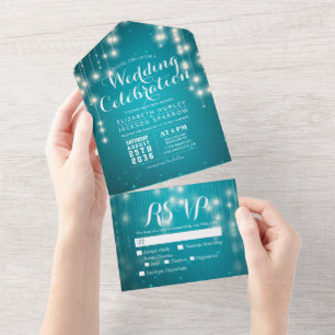 Turquoise Blue Sparkle String Lights Wedding RSVP All In One Invitation