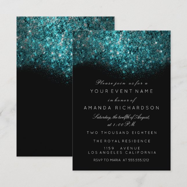Turquoise Blue Sparkly Glitter Black White Event Invitation (Front/Back)