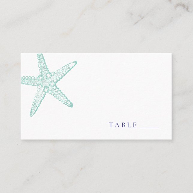 Turquoise Blue Starfish Flat Place Card (Front)
