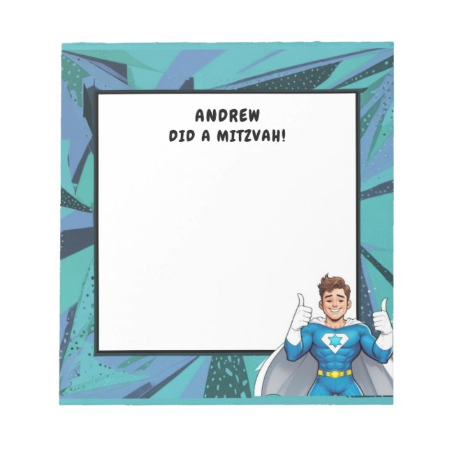 Turquoise Blue Superhero Personalized Mitzvah Notepad (Front)