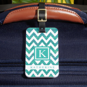 Turquoise Blue Teal Green White Chevron Pattern Luggage Tag