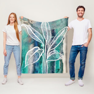 Turquoise Blue & Teal Modern Botanical Watercolor Fleece Blanket