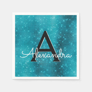 Turquoise Blue Teal Sparkle Monogram Birthday Napkin