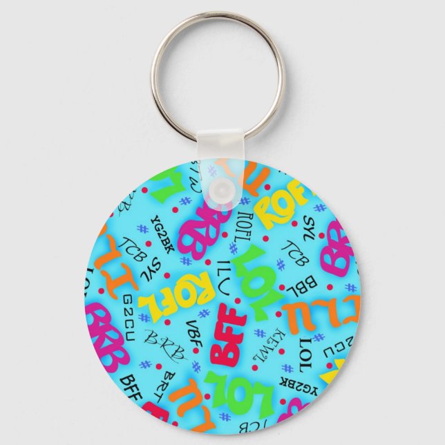 Turquoise Blue Text Art Symbols Colourful Keychain (Front)