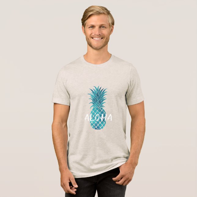 Turquoise Blue Tropical Pineapple Aloha Tri-Blend Shirt (Front Full)