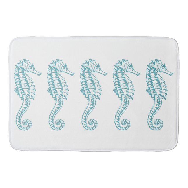 Turquoise Blue Tropical Seahorse Blue Beach Theme Bath Mat (Front)