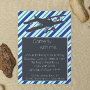 Turquoise Blue Vintage Airplane Birthday Invite