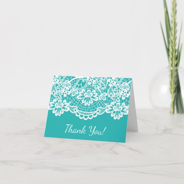 Turquoise Blue Vintage Lace Thank You Note (Front)