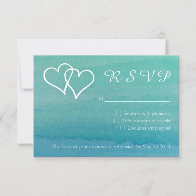 Turquoise blue watercolor RSVP beach wedding cards (Front)