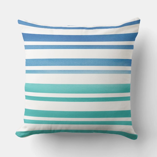 Turquoise Blue Watercolor Stripes Outdoor Pillow (Front)