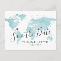 Turquoise Blue Watercolor World Map Save the Date
