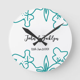 Turquoise blue wedding couple name date flstylish  round clock