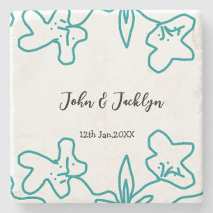 Turquoise blue wedding couple name date flstylish stone coaster