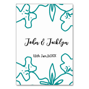 Turquoise blue wedding couple name date flstylish table number