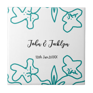 Turquoise blue wedding couple name date flstylish tile