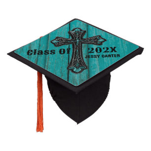 Turquoise Blue Western Christian Religious Cross Graduation Cap Topper