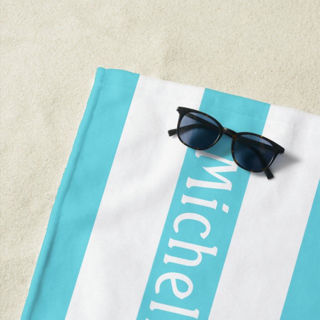 Turquoise Blue White Cabana Stripes Beach Towel (In Situ)