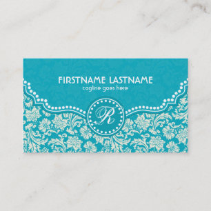 Turquoise Blue & White Floral Damasks-Customized Business Card