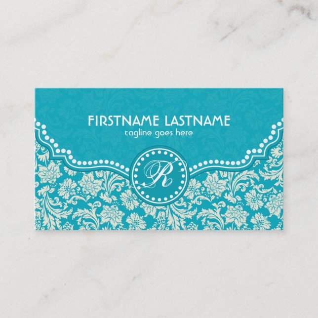 Turquoise Blue & White Floral Damasks-Customized Business Card (Front)