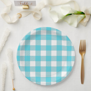 Turquoise Blue & White Gingham Summer Picnic Paper Plate