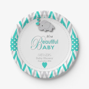 Turquoise Blue, White Grey Elephant Baby Shower Paper Plate